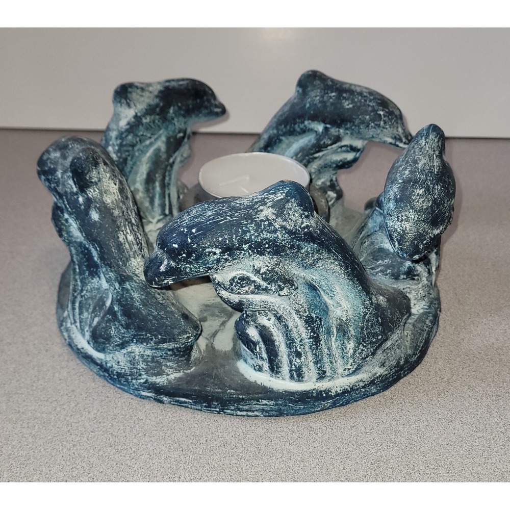 Circles Of Friends Porcelain Blue Dolphins Vintage 80's Candle Holder With Card